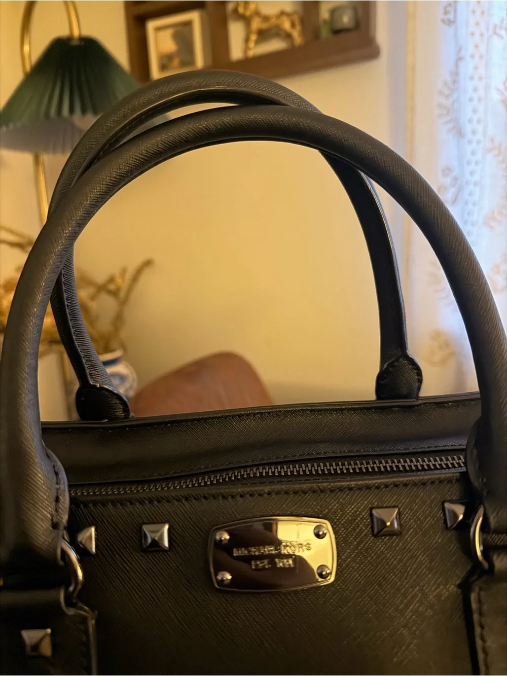 Michael Kors Black Tote Saffiano Studde Leather Satchel with Gold Hardware